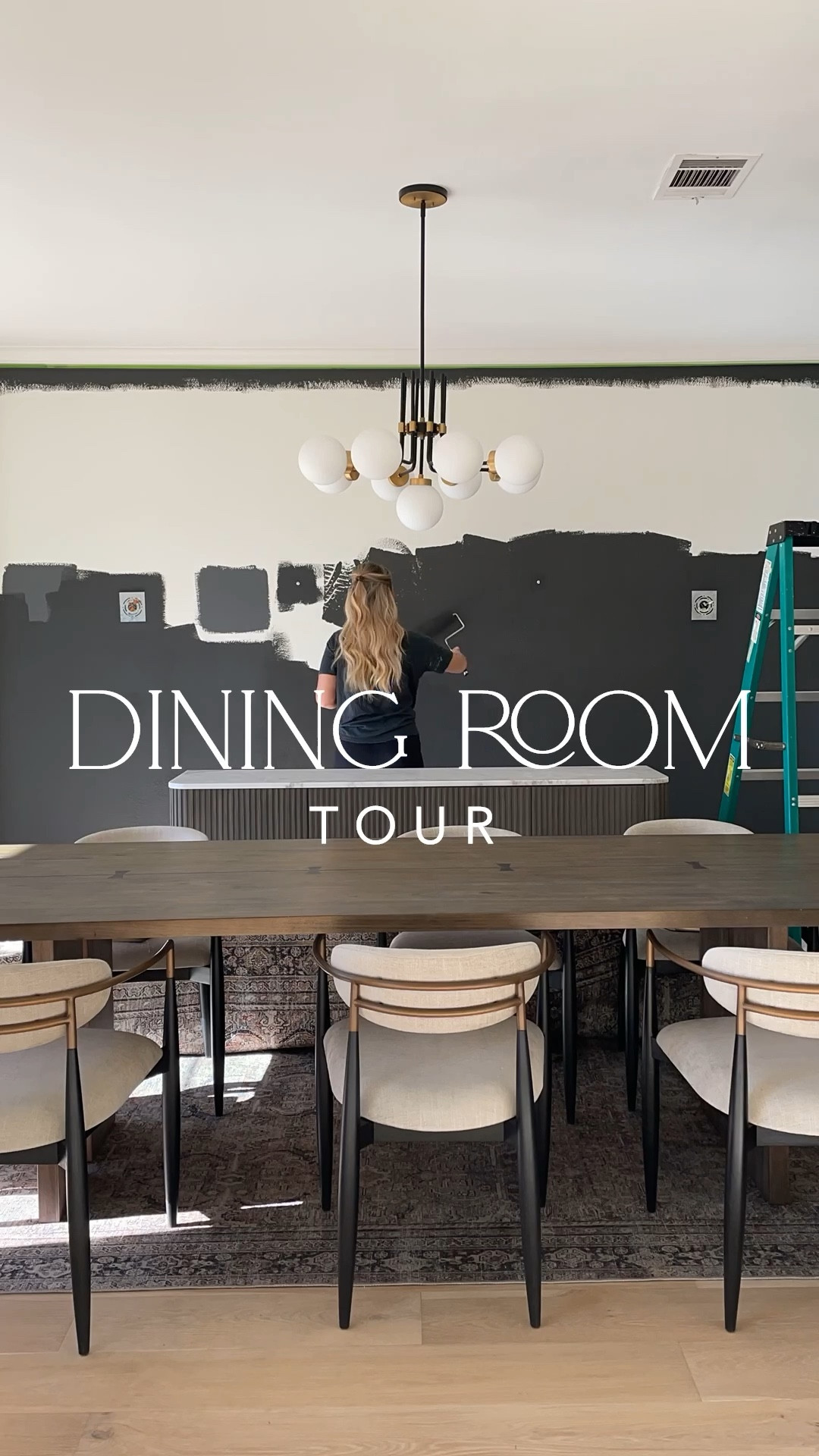 Our moody, modern antique room decor featuring a 108” long wood dining table, 9’x12’ Loloi Layla rug in Olive/Charcoal, Arhaus Jagger dining chairs and another option, fluted buffet and ornate mirror, chandelier and sconces!

#LTKstyletip #LTKsalealert #LTKhome