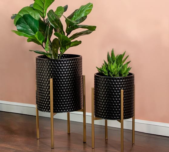 Bella Black Patterned Raised Planters with Gold Stand, Set of 2 | Pottery Barn (US)