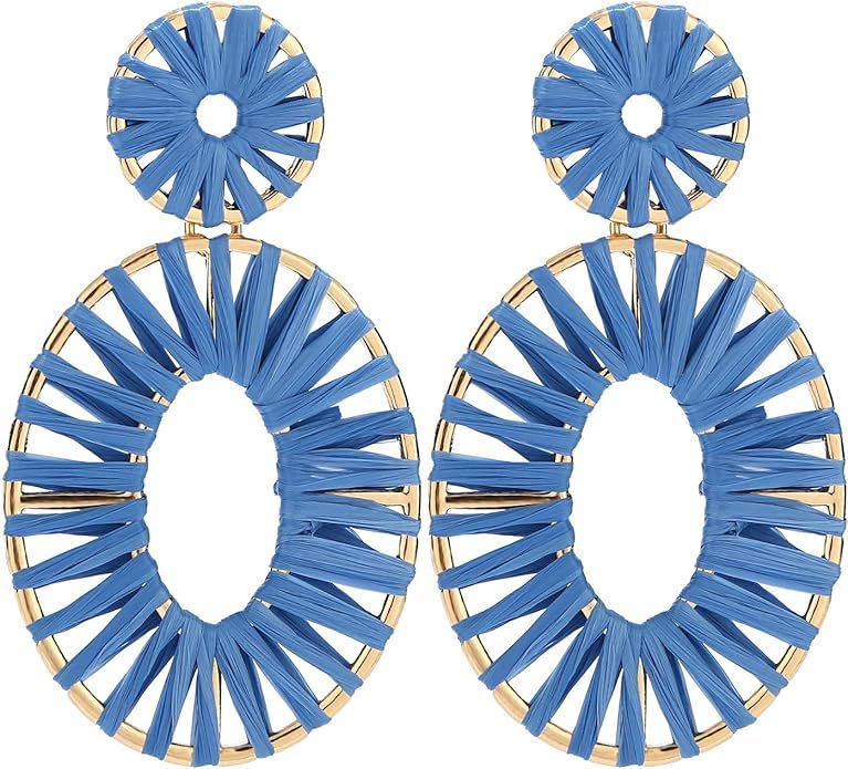 BaubleStar Raffia Tassel Hoop Drop Earrings Handmade Fashion Statement Jewelry for Women Girls | Amazon (US)