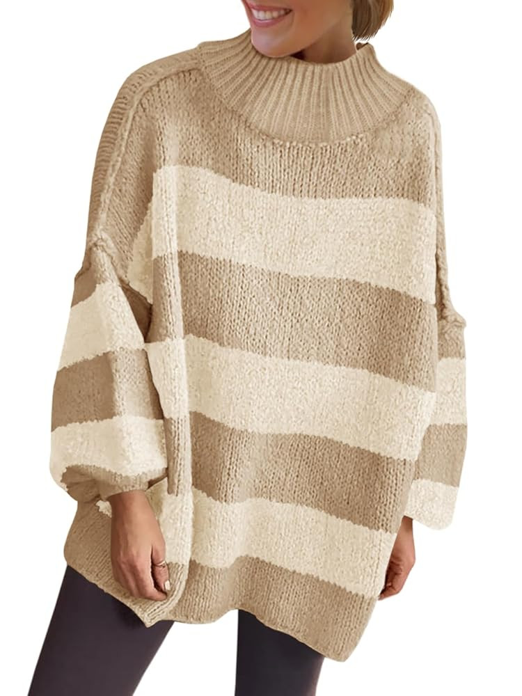 Saodimallsu Womens Oversized Striped Sweater Mock Neck Chunky Knit Lantern Long Sleeve Fall Trend... | Amazon (US)