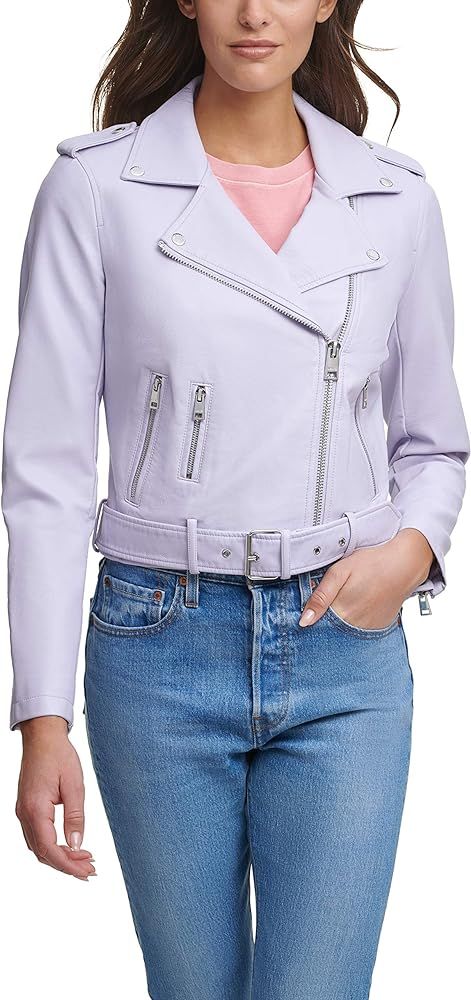 womens Faux Leather Belted Motorcycle Jacket (Standard and Plus Sizes) | Amazon (US)