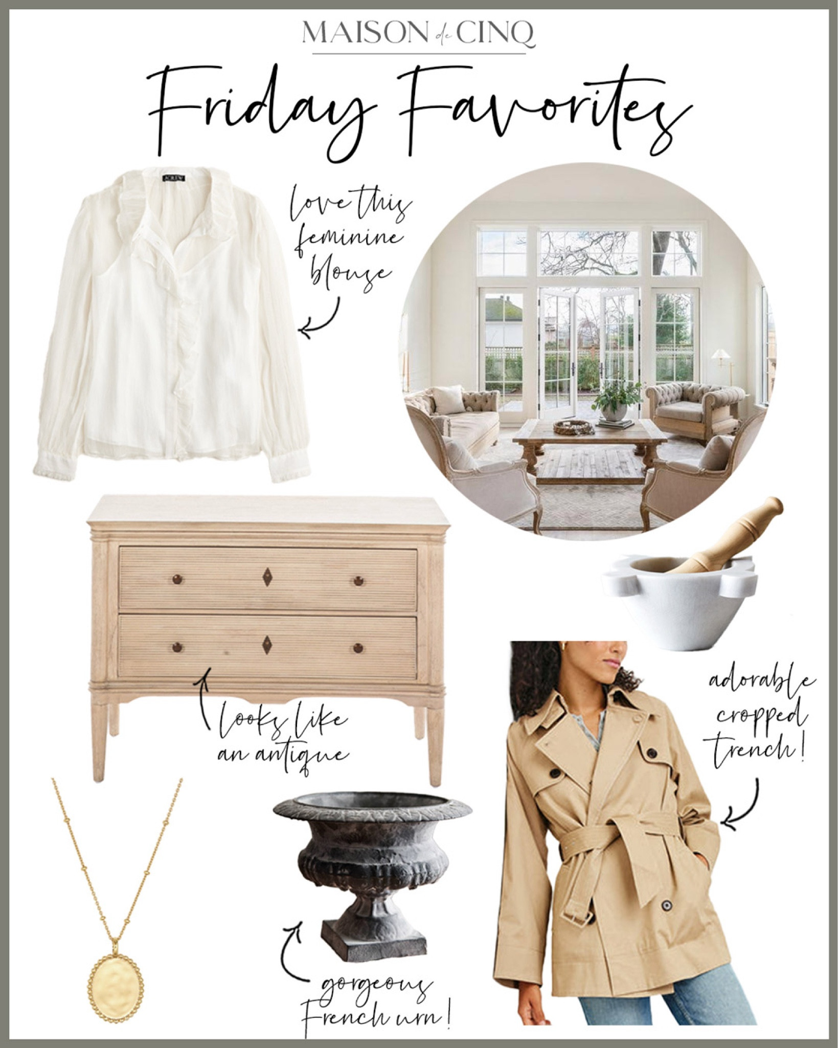 This week on Friday Favorites we’re sharing our favorite French finds - in home and fashion! French kitchen finds, the perfect white shirt, flattering jeans, French-inspired furniture and more!

Home decor, French country, spring fashion, spring jacket, blouse, spring outfit, spring decor, baskets, urn, planter, cropped trench coat, jewelry, necklace, vases 

#LTKFindsUnder50 #LTKHome #LTKOver40