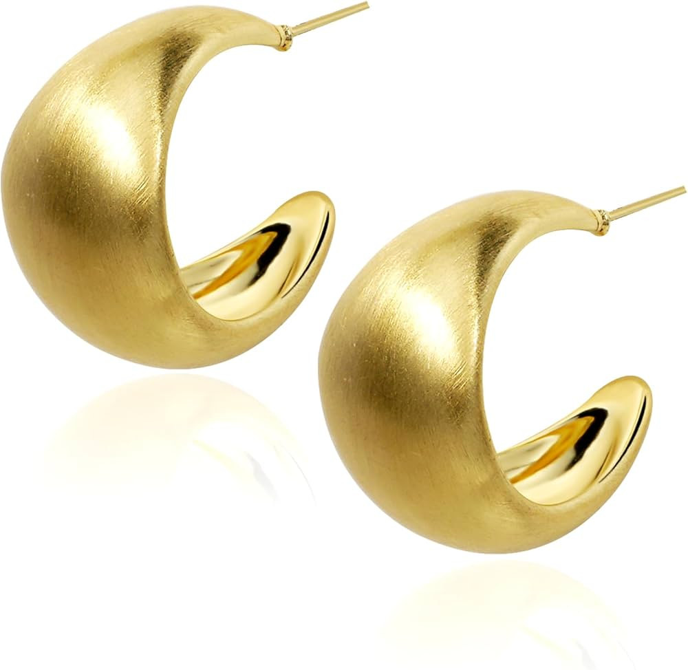 Yowivon Gold Hoop Earrings Chunky 14K Gold Plated Thick Huggie Hoops Hypoallergenic Lightweight D... | Amazon (US)