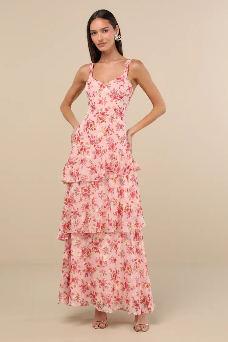 Laurette Pink Floral Tiered Sleeveless Maxi Dress | Lulus