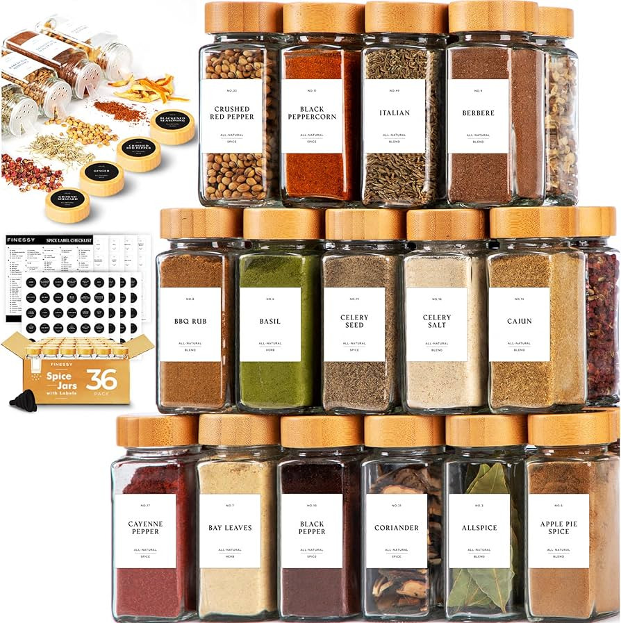 FINESSY Glass Spice Jars with Label with Bamboo Lids 36 Pack 4oz, Spice Containers with Labels, G... | Amazon (US)
