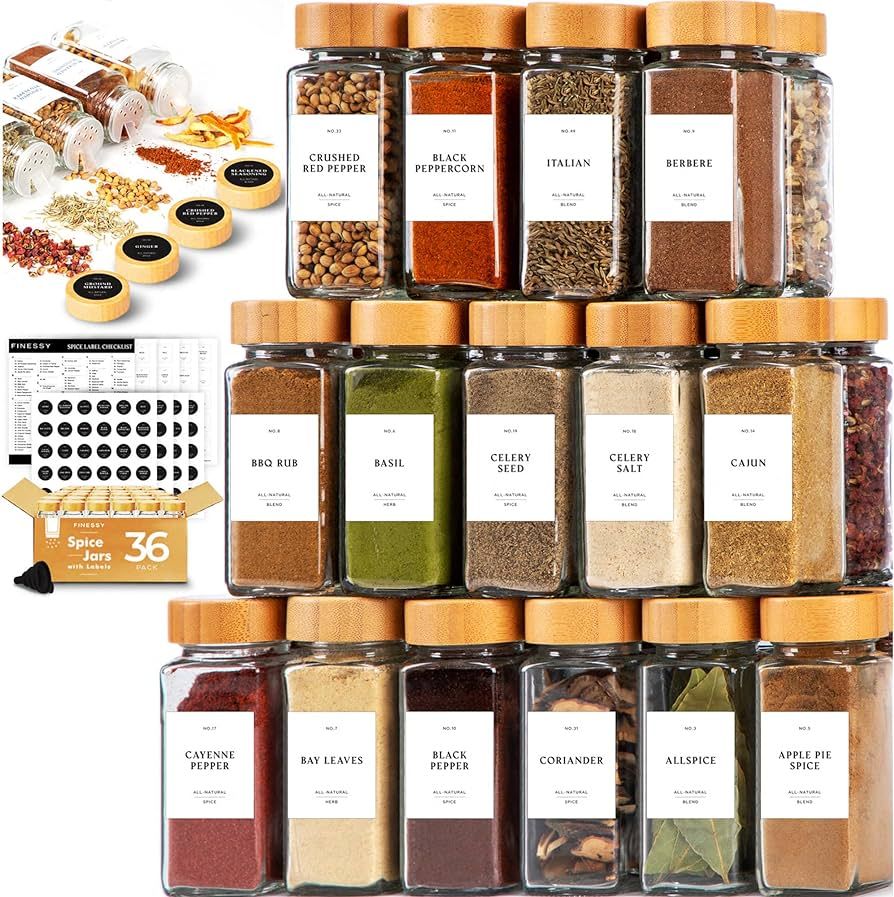 FINESSY Glass Spice Jars with Labels Bamboo, 36 pcs Glass Seasoning Containers, Spice Containers ... | Amazon (US)