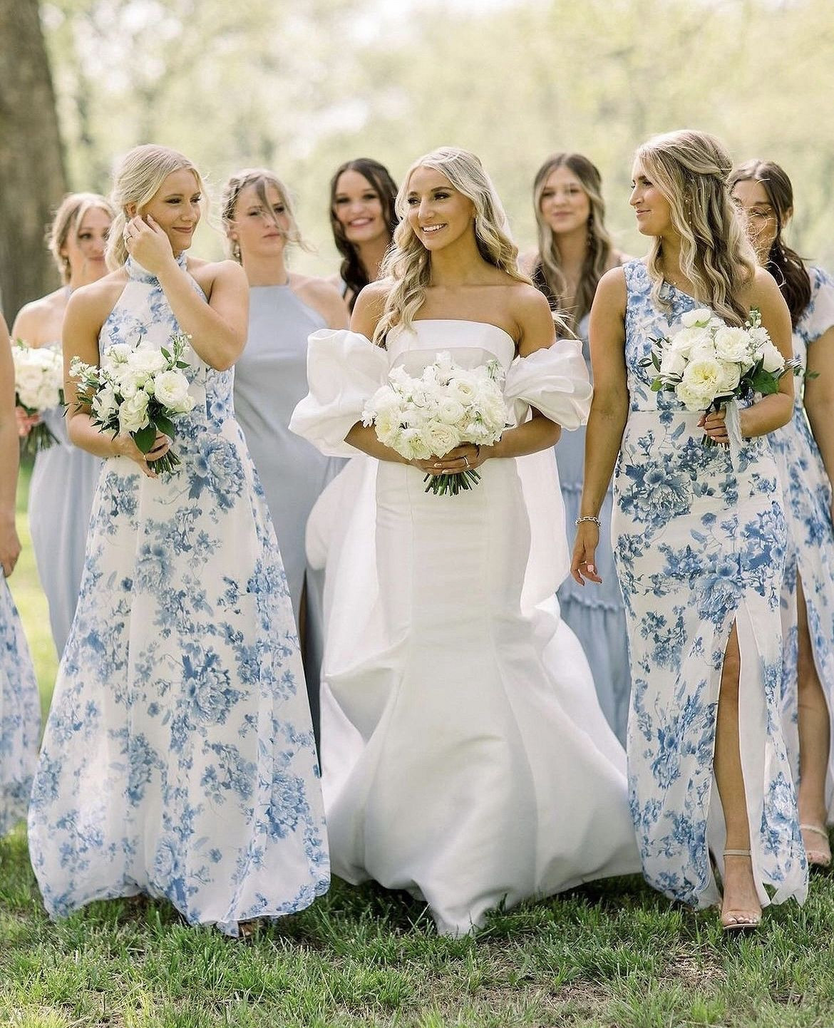 white wedding dress with blue flowers