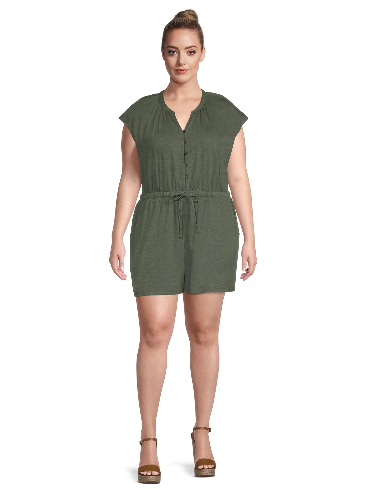 Terra & Sky Women's Plus Size Button-Front Knit Romper | Walmart (US)