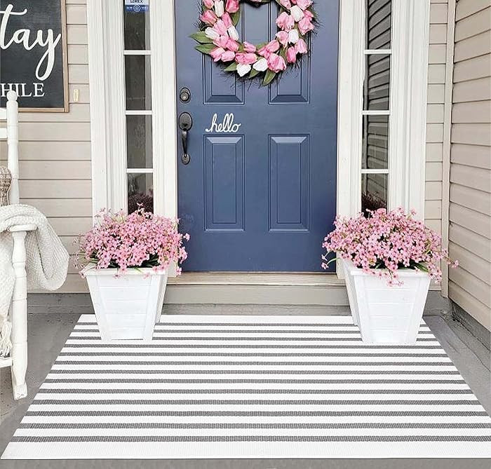 Striped Outdoor Porch Rug 27.5"x43",Farmhouse Grey and White Layered Doormat Cotton Woven Washabl... | Amazon (US)