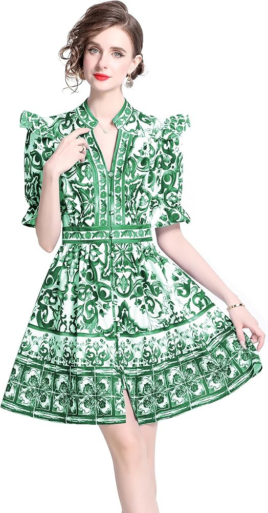 LAI MENG FIVE CATS Women's Button Up Short Puff Sleeve V-Neck Floral Print Split Casual Mini Dres... | Amazon (US)