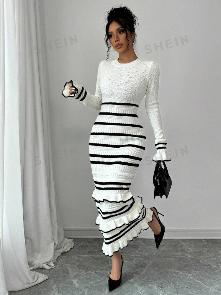 SHEIN Elenzya Women's Elegant Color Block Striped Ruffle Hem Fitted Maxi Sweater Dress, Autumn/Wi... | SHEIN