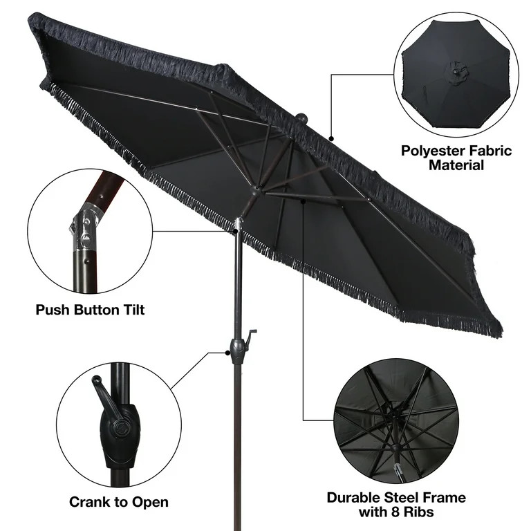 Better Homes & Gardens Outdoor 9' Black Ventura Fringe Round Crank Premium Patio Umbrella | Walmart (US)