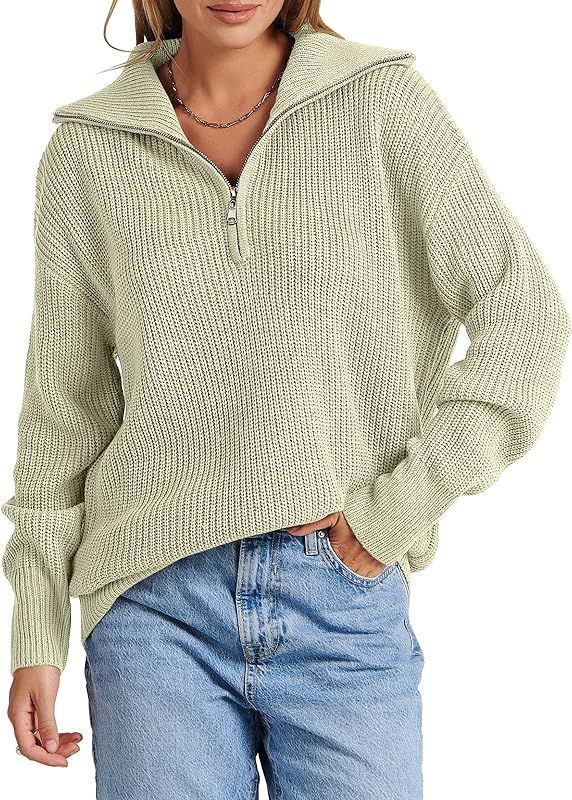 Caracilia Women's Long Sleeve Zipper Henley V Neck Drop Shoulder Oversized Knit Pullover Sweater ... | Amazon (US)
