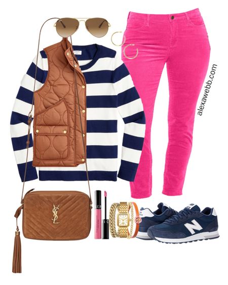 Plus size preppy fall outfit with hot pink corduroy jeggings, puffer vest, and rugby stripe sweater. Plus size preppy, plussize preppy, fall preppy, Alexa Webb, New balance sneakers, plus size pink pants, plus size pink jeans 

#LTKSeasonal #LTKcurves