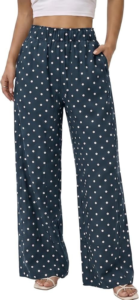 SeeLuNa Linen Pants Women Polka Dot Wide Leg Trousers Palazzo Lounge Pant | Amazon (US)