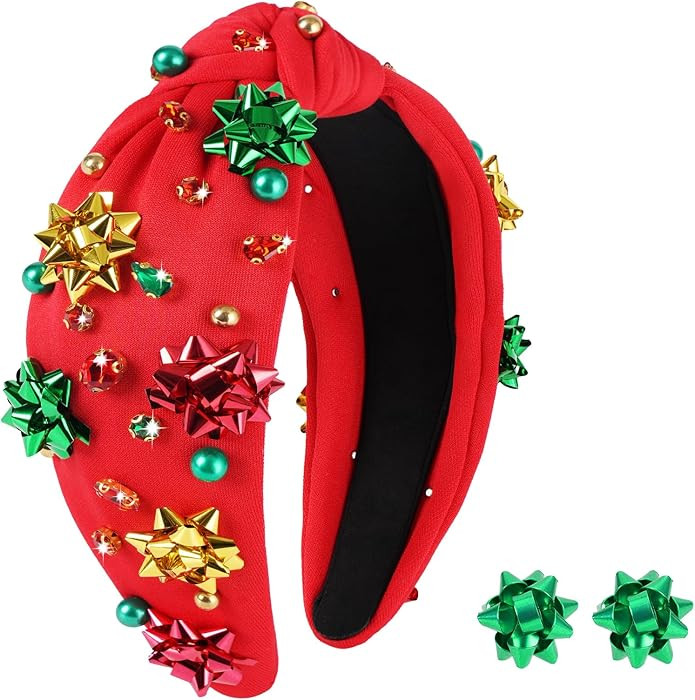 Christmas Headbands for Women, Red Knotted Xmas Headband w/Rhinestones, Pearls, Gift Bows - Chris... | Amazon (US)