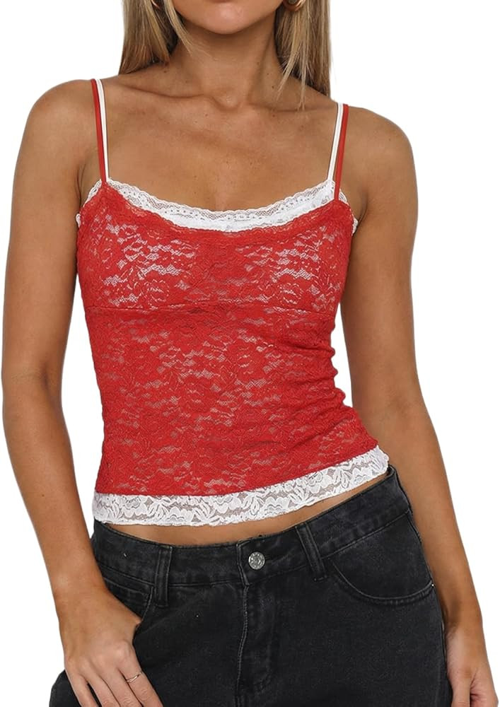 QINSEN Women's Double Layer Lace Camisole Tank Scoop Neck Summer Y2k Going Out Trendy Cami Shirt | Amazon (US)