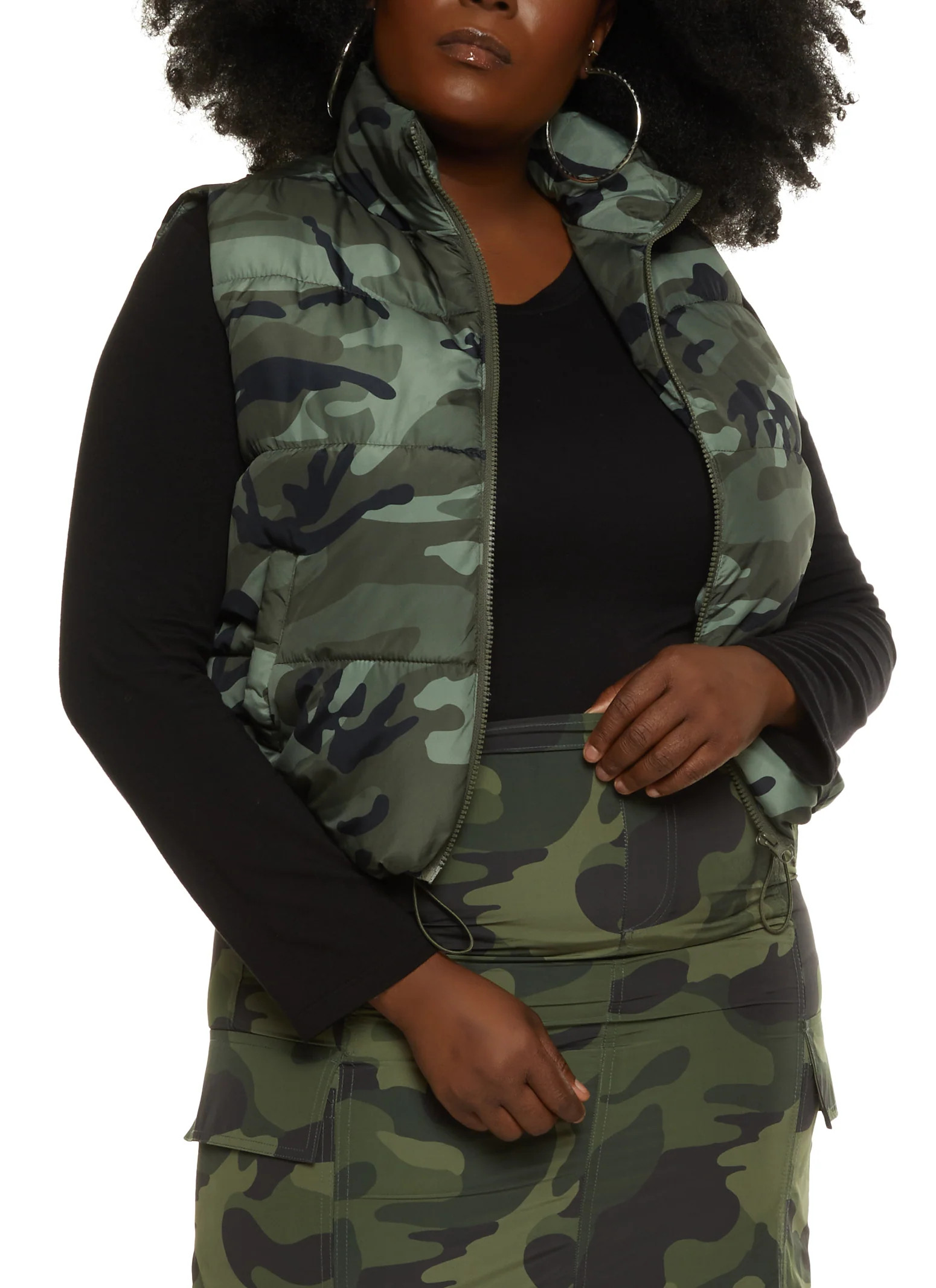 Plus Size Nylon Camouflage Puffer Vest  - Olive | Rainbow Shops