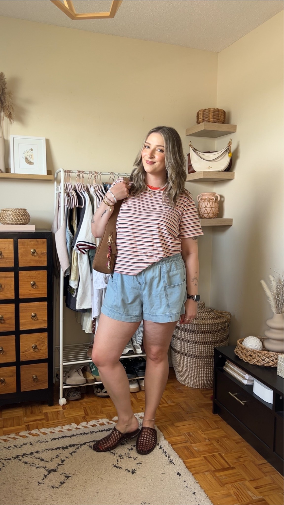 Comfy casual summer outfit! Wearing my usual size L in the shorts, sized up to XL in the striped tee for a looser fit. I’m a 9.5-10 shoe and wear a 10 in the jelly flats. Canadian shoe link under “similar products”

#LTKsummer #LTKmidsize #LTKstyletip