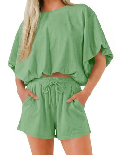 Cicy Bell Womens Summer 2 Piece Short Sets Puff Sleeve Cropped Tops and Shorts Casual Loose Outfits Comfy Lounge Sets Army Green | Amazon (US)