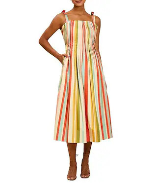 Mestiza New York Anais Pintucked Stripe Square Neck Sleeveless Midi Dress | Dillard's | Dillard's