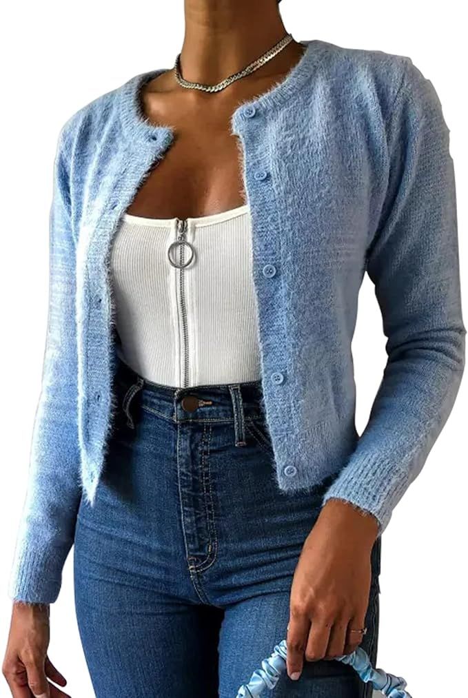 ZAFUL Women's Fuzzy Button Down Long Sleeve Knitted Cardigan Sweater Plain Cozy Loose Cropped Out... | Amazon (US)
