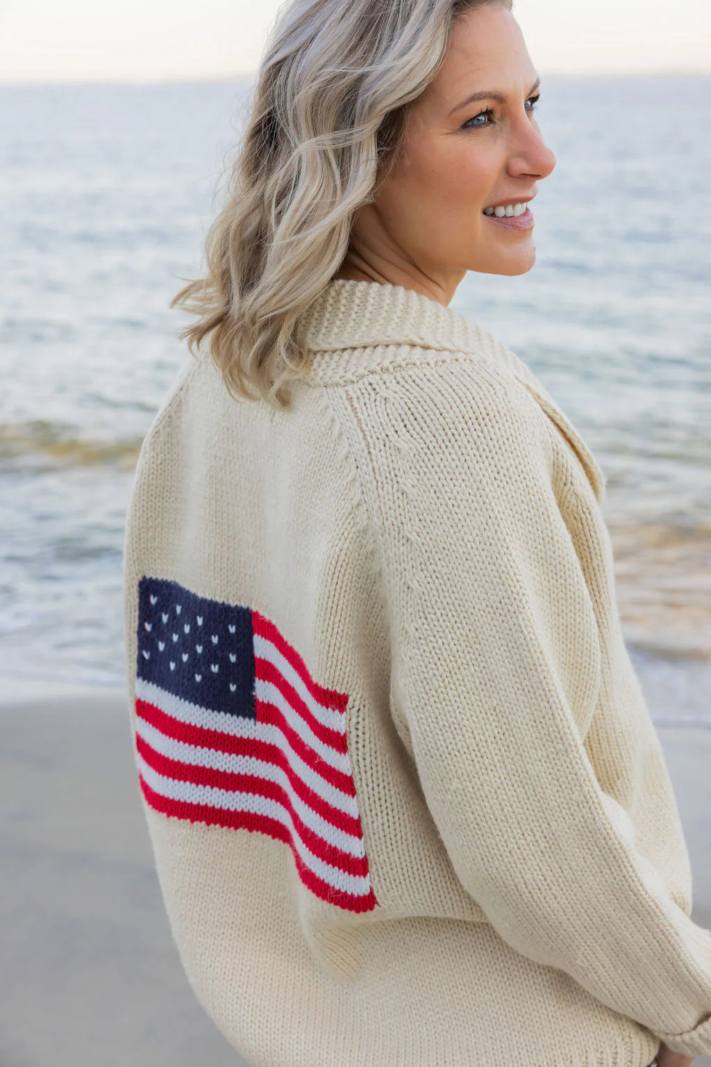 MONTANA Cream Oversized American Flag Cardigan | Pearls & Camo
