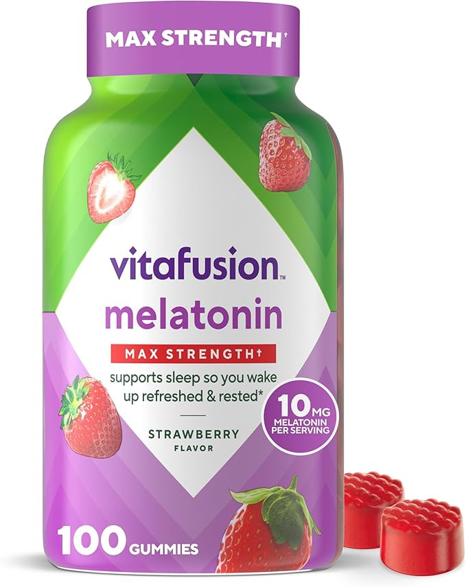 vitafusion Max Strength 10 mg Melatonin Gummies, Strawberry Flavored, Adult Melatonin Gummy Vitam... | Amazon (US)