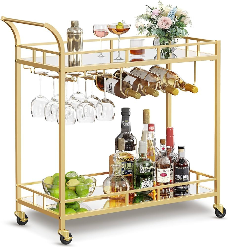 VASAGLE Bar Cart Gold, Home Bar Serving Cart, Wine Cart with 2 Mirrored Shelves, Wine Holders, Gl... | Amazon (US)