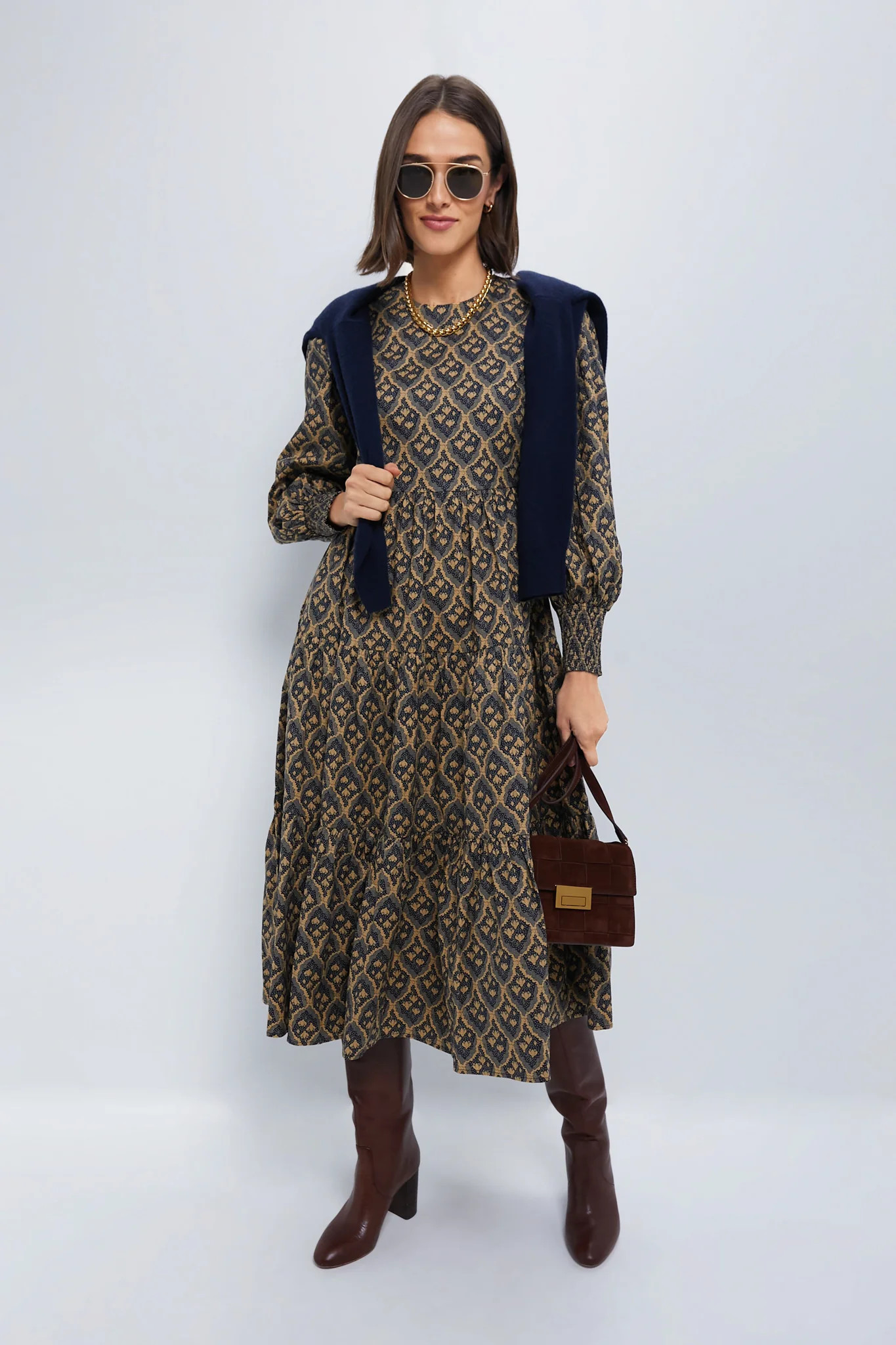 Navy & Tan Floral Anja Midi Dress | Tuckernuck (US)