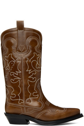GANNI - Brown Embroidered Western Boots | SSENSE
