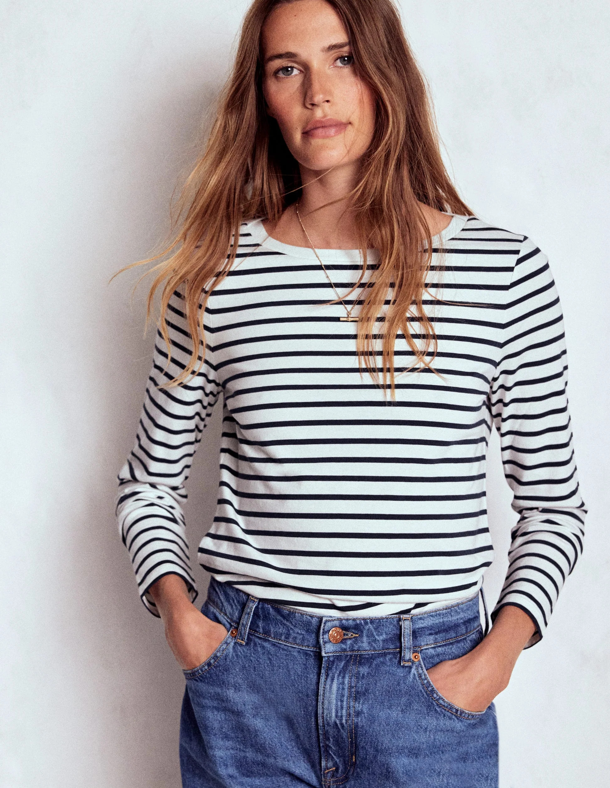 Olivia Long Sleeve Breton-Ivory, Navy | Boden UK