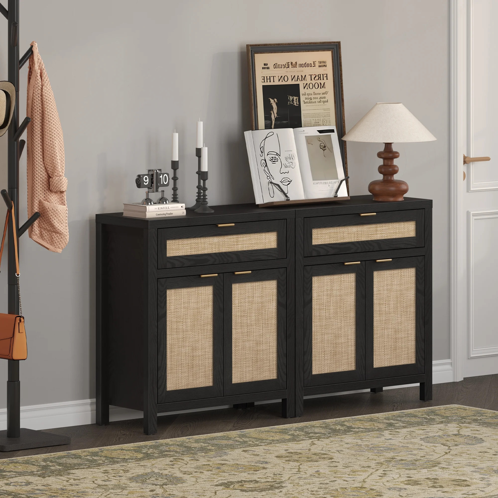 SICOTAS Sideboard Storage Cabinet with Drawer Set of 2, Boho Rattan Kitchen Buffet Cabinet with D... | Walmart (US)