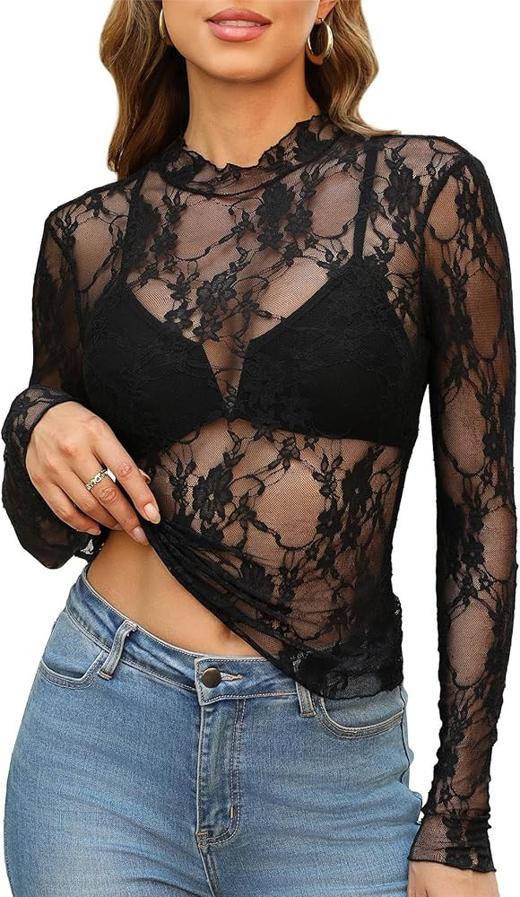 OFEEFAN Womens Long Sleeve Mesh Top See Through Mock Neck Sheer Blouses | Amazon (US)