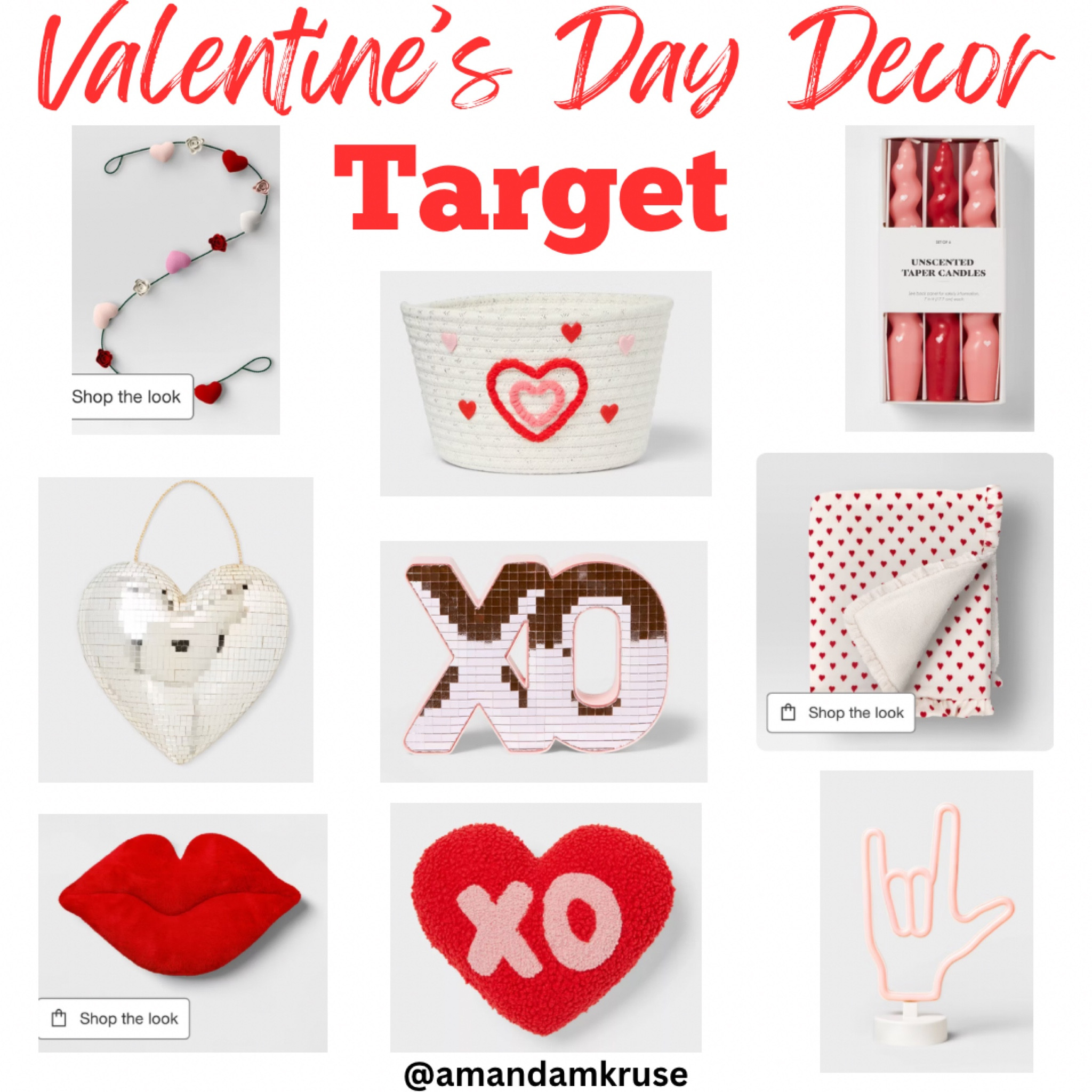 Valentine’s Day decor from Target 

Valentine’s garland, decorative basket, pink and red candles, heart blanket, Valentine’s blanket, Valentine’s pillow, heart pillow 

#LTKSeasonal #LTKHome #LTKFindsUnder50
