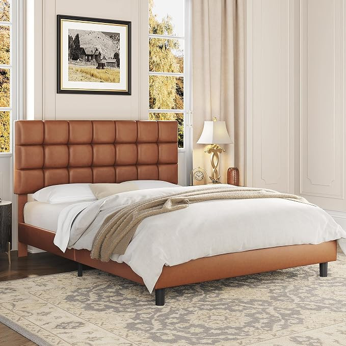 Yaheetech Upholstered Platform Bed Frame with Square Tufted Faux Leather Headboard Height Adjusta... | Amazon (US)