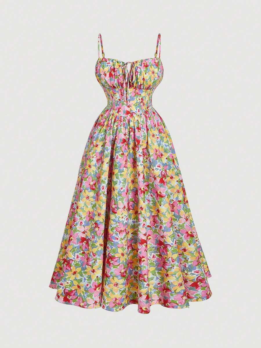 SHEIN MOD Plus Size Women Floral Print Front Tie Strap Casual Slip Dress, For Holiday Summer Dres... | SHEIN