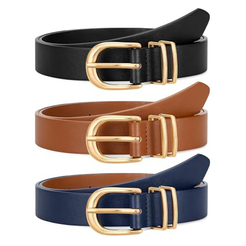 JASGOOD 3 Pack Women Belts For Jeans Dresses Pants Ladies Faux Leather Waist Belt with Gold Buckle(Black+Brown+Navy Blue Gold Buckle) | Amazon (US)