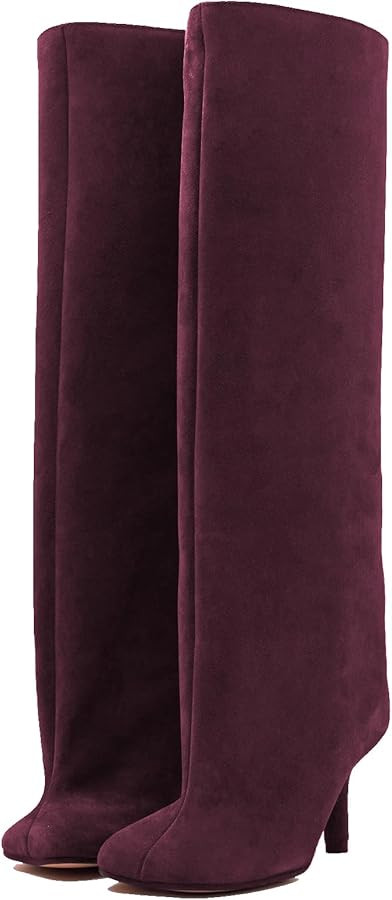 UBWDU Women's Suede Knee High Boots Square Toe Stiletto Heels Wide Calf Tall Boots | Amazon (US)