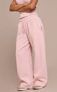 Petite Pink Interlock Drawstring Wide Leg Joggers | PrettyLittleThing UK