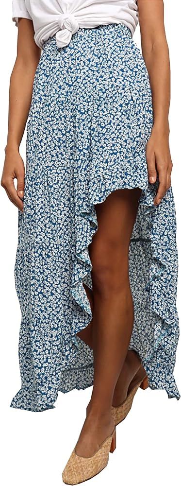 BTFBM Women Boho Floral Print Long Skirt Dress Chic High Low Side Split Ruffle Hem Elastic Waist Swi | Amazon (US)