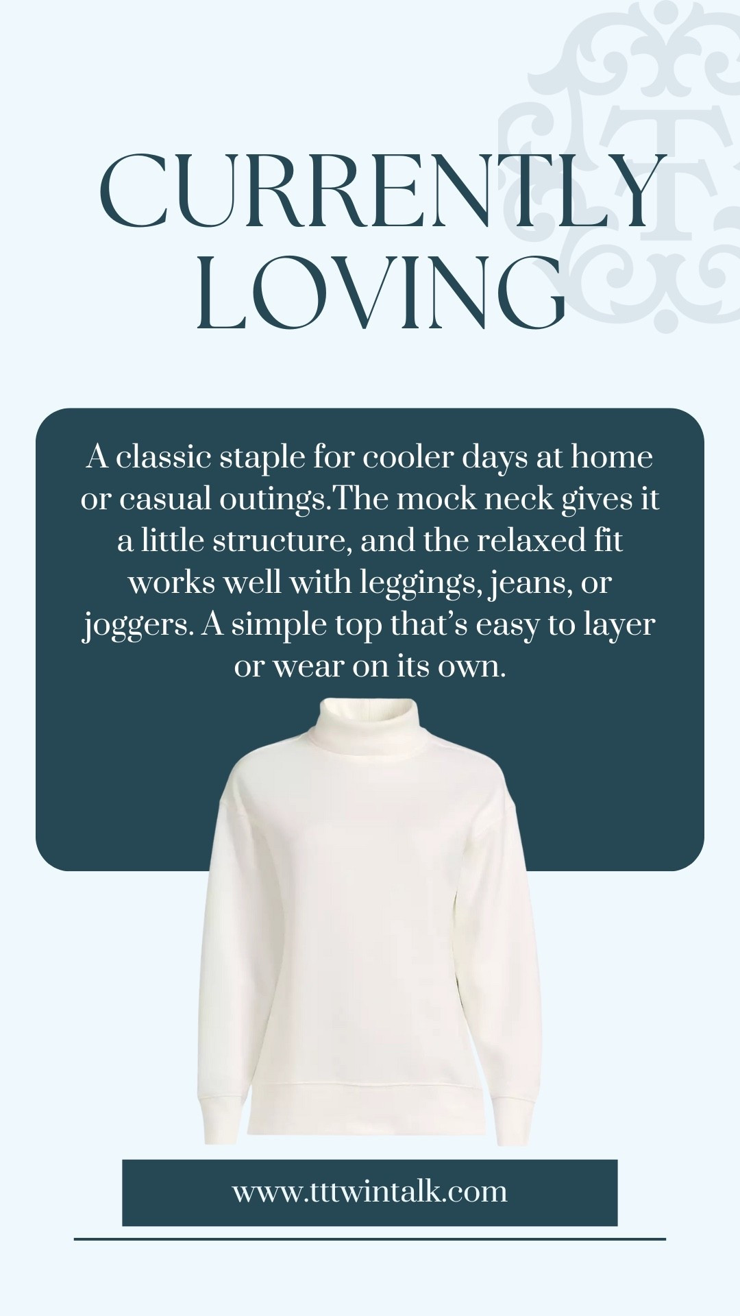 A classic staple for cooler days at home or casual outings.The mock neck gives it a little structure, and the relaxed fit works well with leggings, jeans, or joggers. A simple top that’s easy to layer or wear on its own.

#LTKOver40 #LTKMidsize #LTKSeasonal