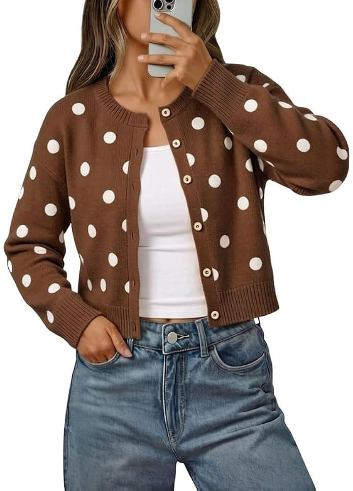 CHARTOU Women's Polka Dot Cardigan Sweater Lightweight Crew Neck Button Down Cropped Knit Cardiga... | Amazon (US)