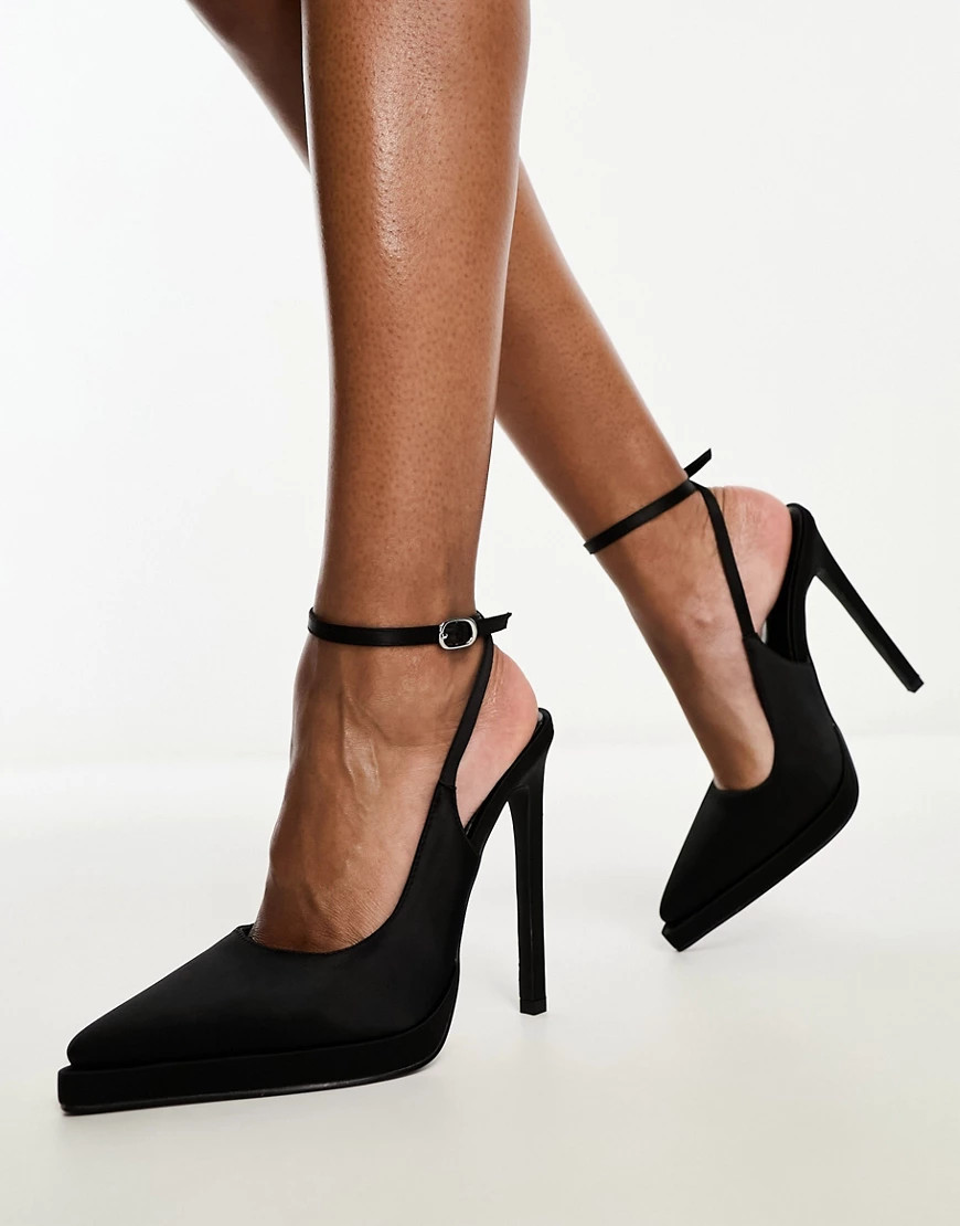 Simmi London Landen platform heeled court shoe in black satin | ASOS (Global)