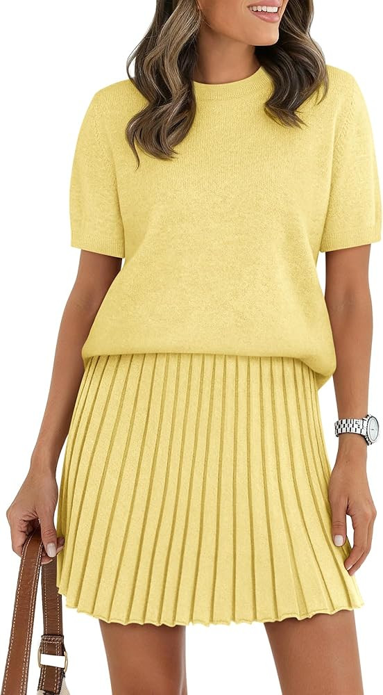 COCCKO Women's 2 Piece Skirt Sets Crewneck Short Sleeve Sweater Tops And Pleated Skirts 2026 Trav... | Amazon (US)