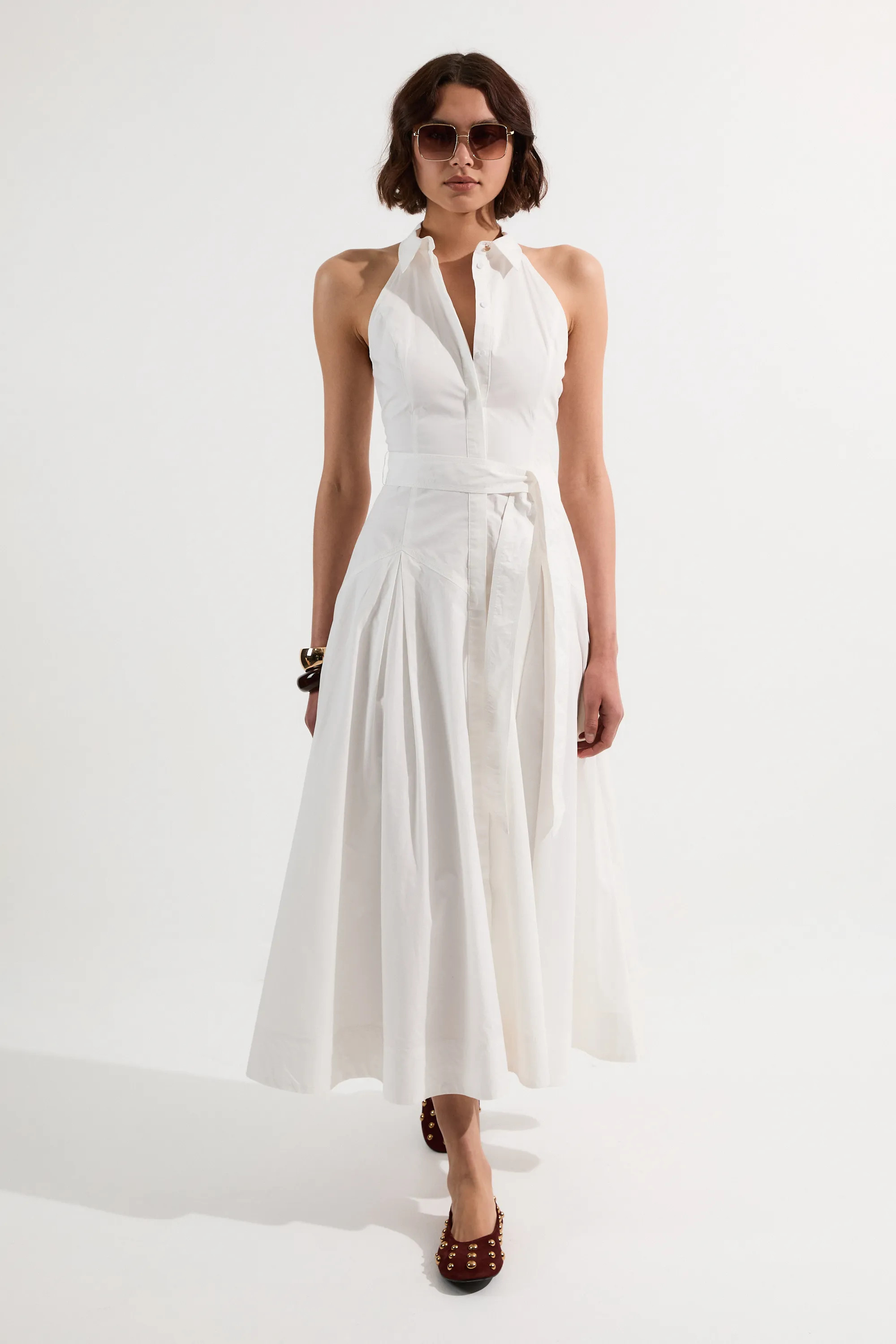 White Cotton Collared Halter Neck Woven Midi Shirt Dress With Dropped Waist Detail | Karen Millen | Karen Millen