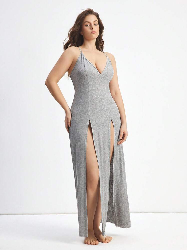 Ocili Plus Size Women Spaghetti Strap Maxi Dress, Minimalist Comfortable Frill Trim Knit Nightgown | SHEIN