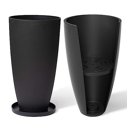 LA JOLIE MUSE Black Tall Planters 27 Inch,2 Pack Indoor/Outdoor Planters with Soil Saver Shelves and Drainage Holes, Grade Tree Flower Planters for Front Door | Amazon (US)