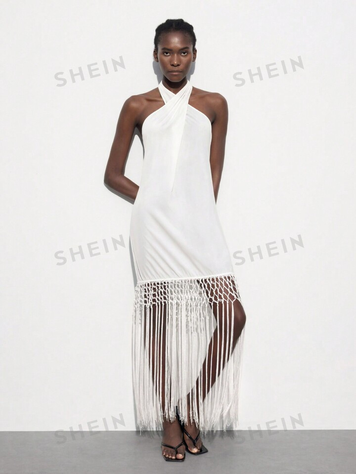 SHEIN Maija Women's Black Summer Solid Color Fringe Hem Halter Vacation Casual Dress | SHEIN