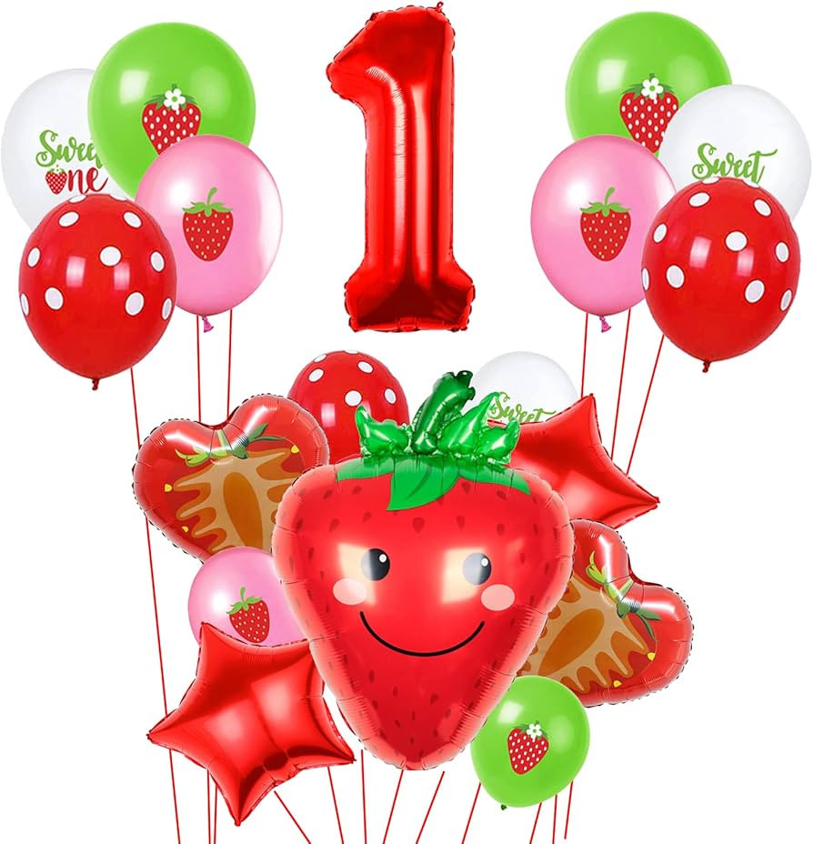 18PCS Strawberry Balloons, Red Sweet Strawberry Birthday Number 1, Strawberry Foil Balloons Birth... | Amazon (US)